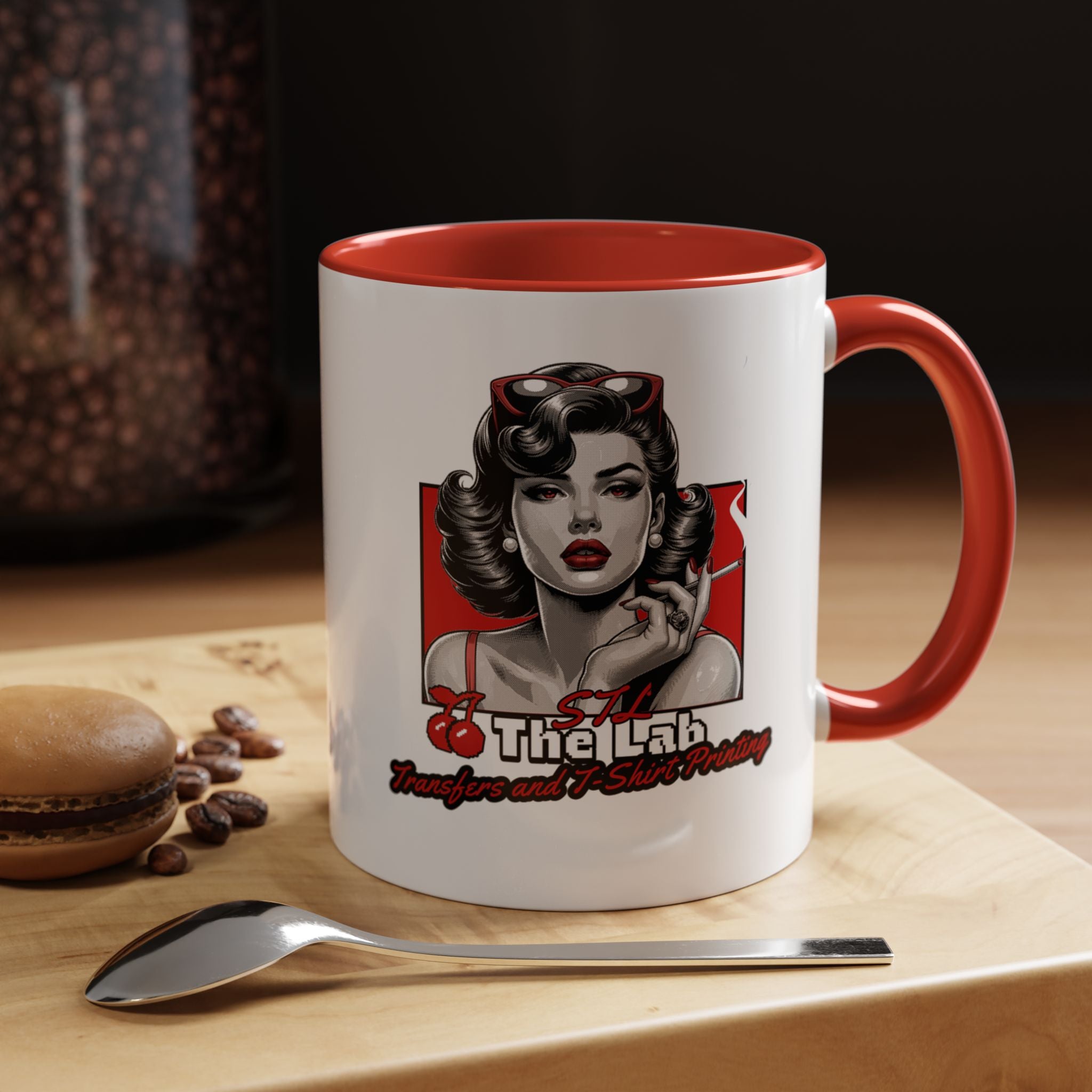 Retro Pin-Up Coffee Mug — 'The Lab' Cherry Beauty Accent Mug (11/15oz)