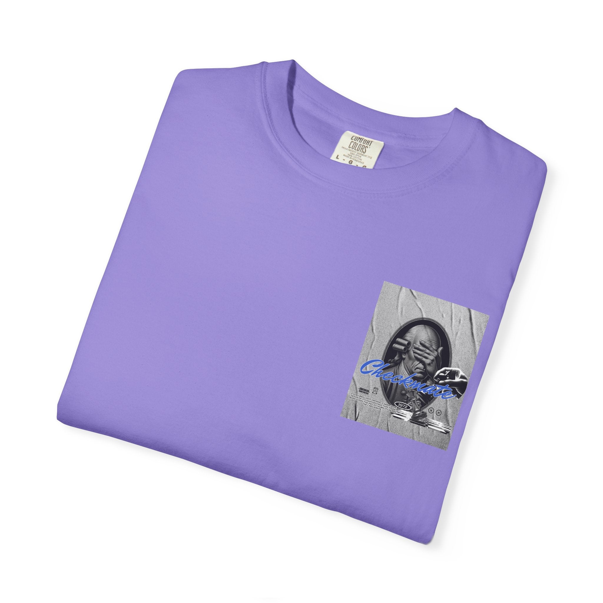 Checkmate Graphic T-Shirt — Retro Black & White Photo Tee with Blue Script