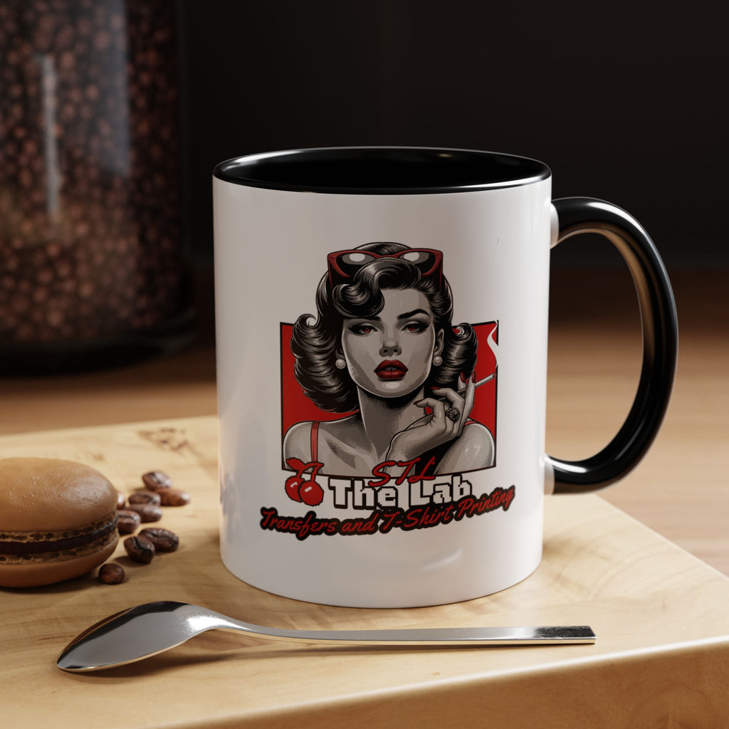 Retro Pin-Up Coffee Mug — 'The Lab' Cherry Beauty Accent Mug (11/15oz)