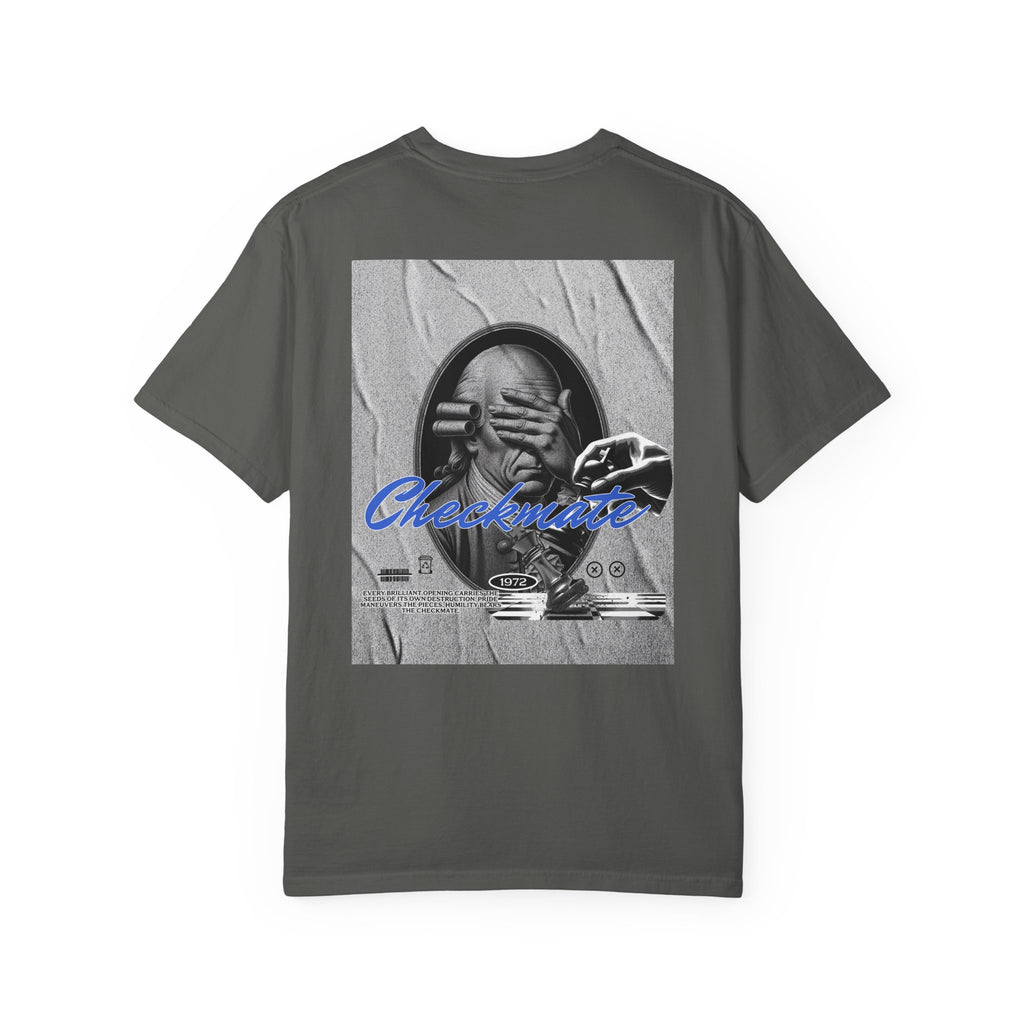 Checkmate Graphic T-Shirt — Retro Black & White Photo Tee with Blue Script