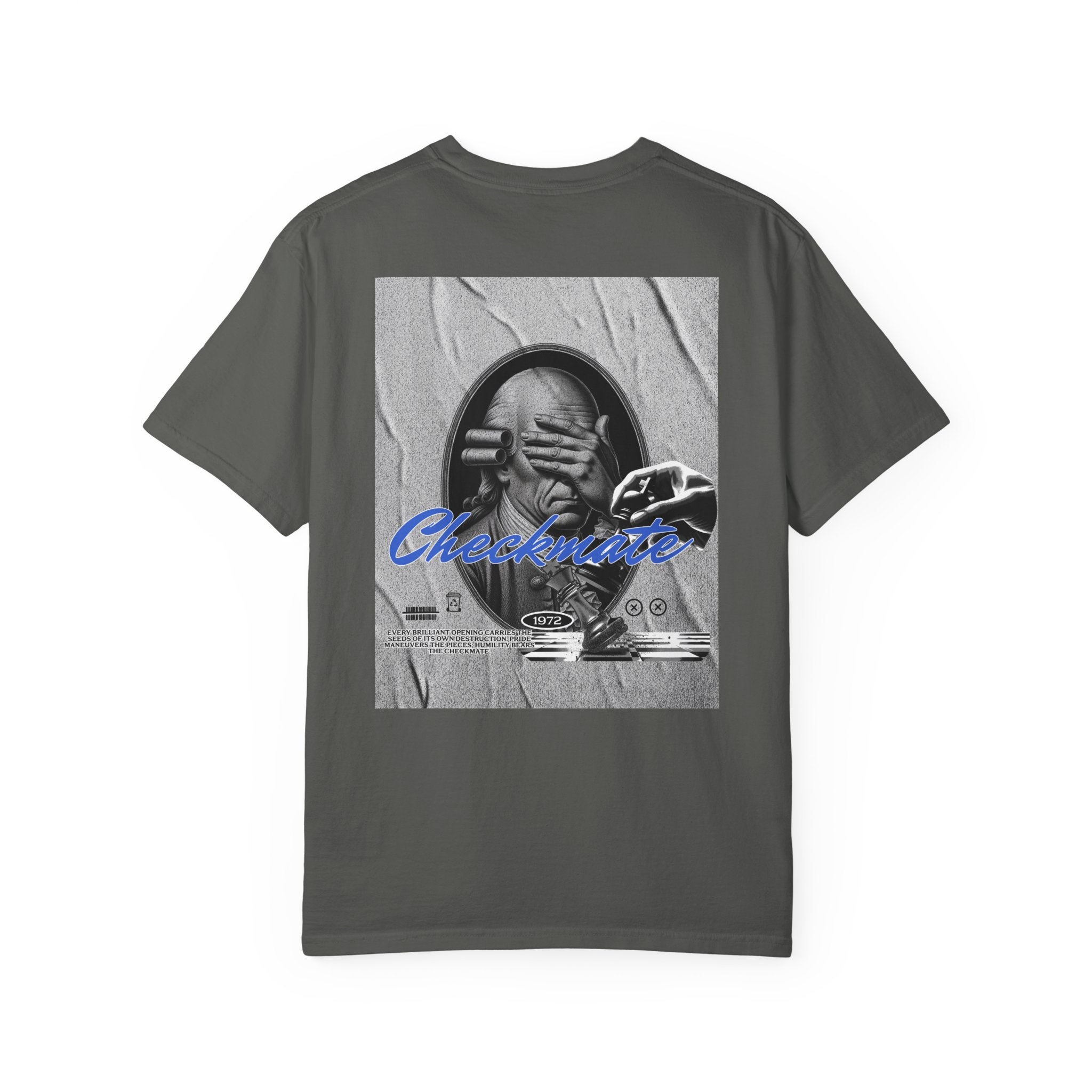 Checkmate Graphic T-Shirt — Retro Black & White Photo Tee with Blue Script