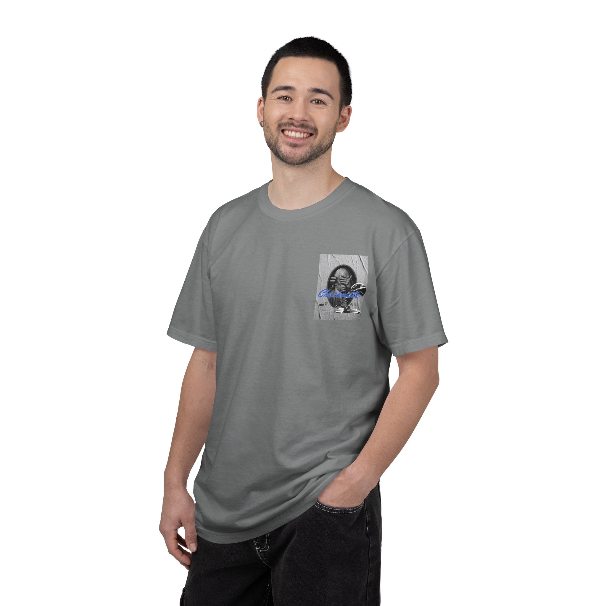 Checkmate Graphic T-Shirt — Retro Black & White Photo Tee with Blue Script