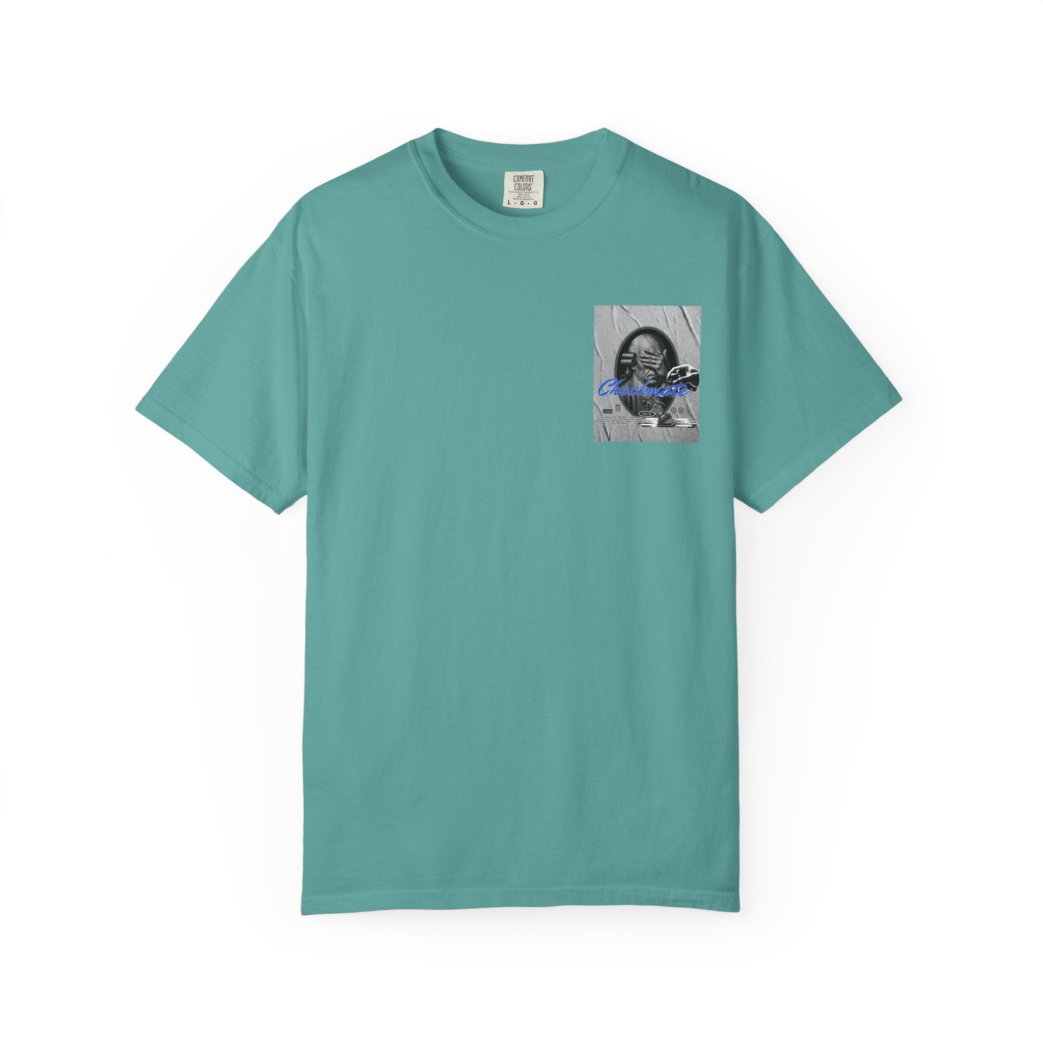 Checkmate Graphic T-Shirt — Retro Black & White Photo Tee with Blue Script