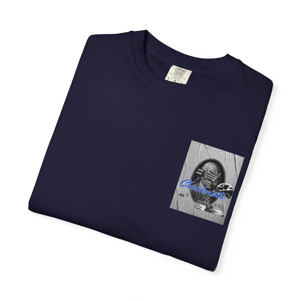 Checkmate Graphic T-Shirt — Retro Black & White Photo Tee with Blue Script