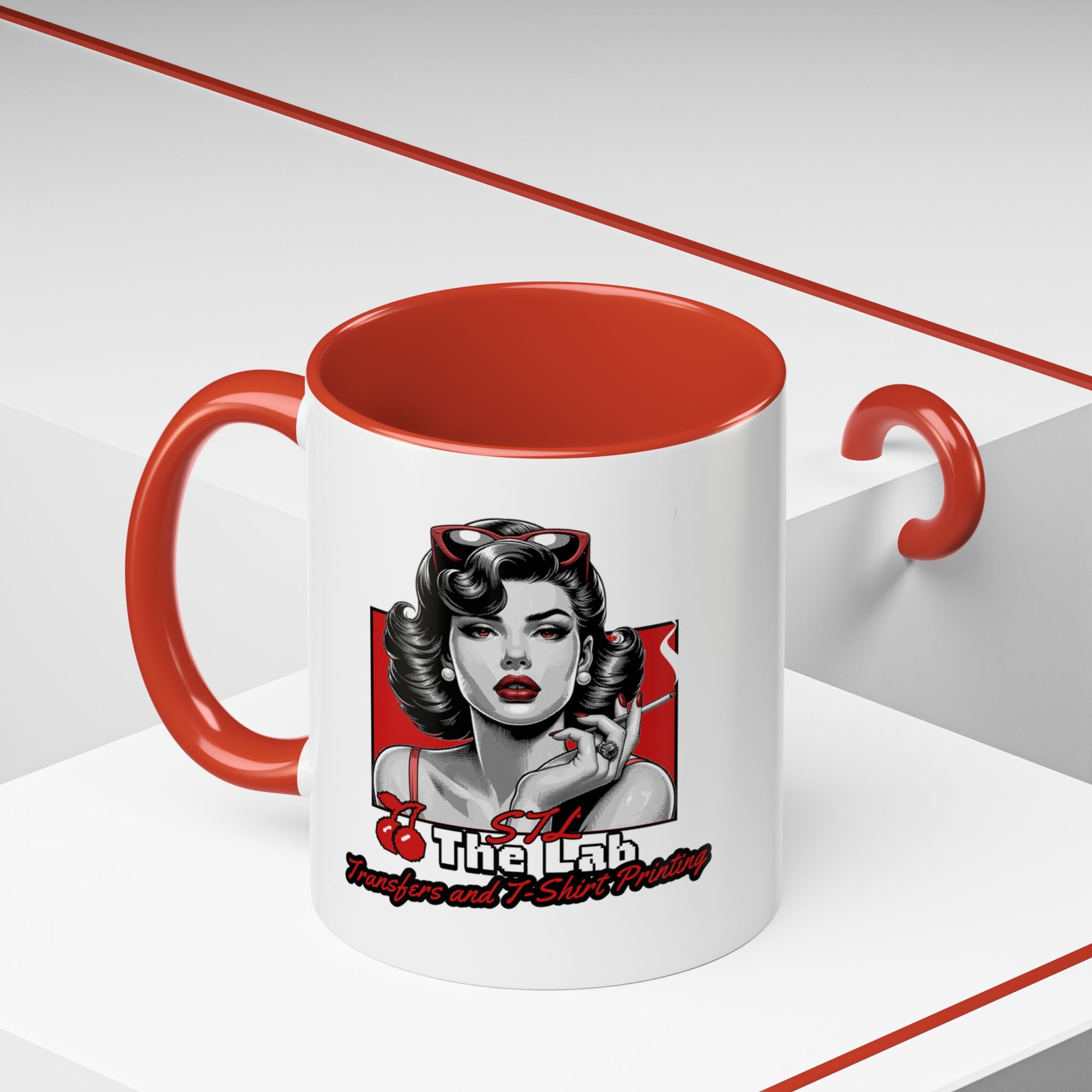 Retro Pin-Up Coffee Mug — 'The Lab' Cherry Beauty Accent Mug (11/15oz)