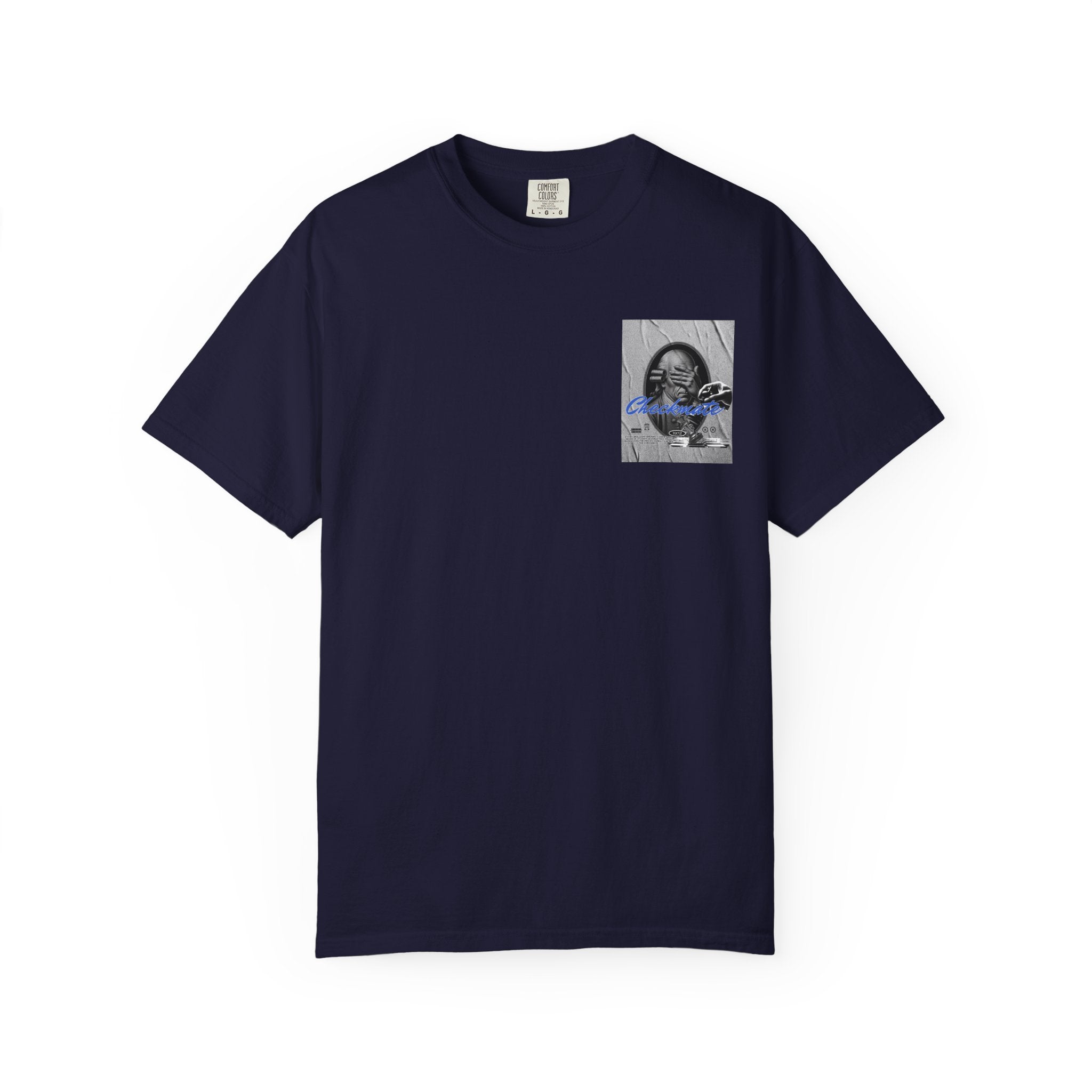 Checkmate Graphic T-Shirt — Retro Black & White Photo Tee with Blue Script