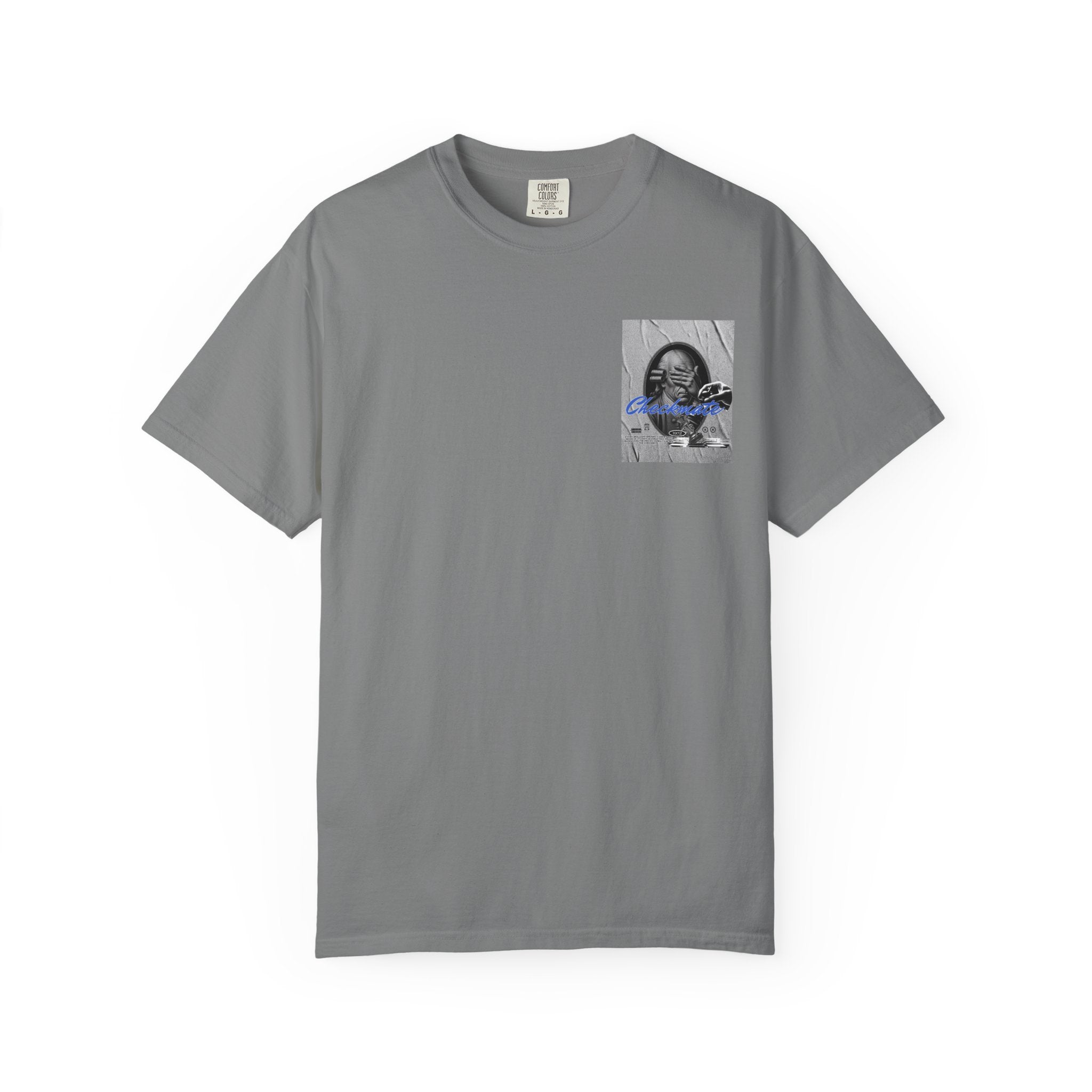 Checkmate Graphic T-Shirt — Retro Black & White Photo Tee with Blue Script