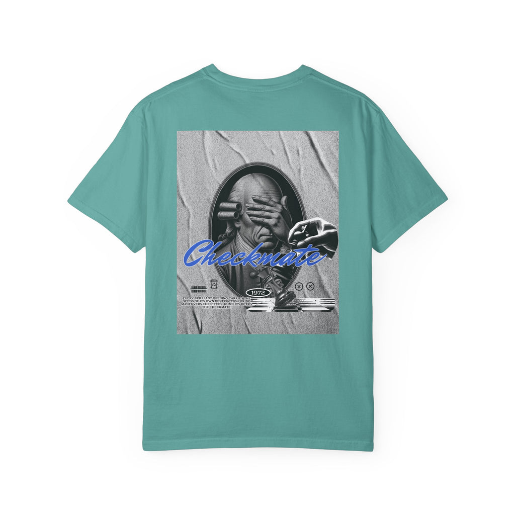 Checkmate Graphic T-Shirt — Retro Black & White Photo Tee with Blue Script