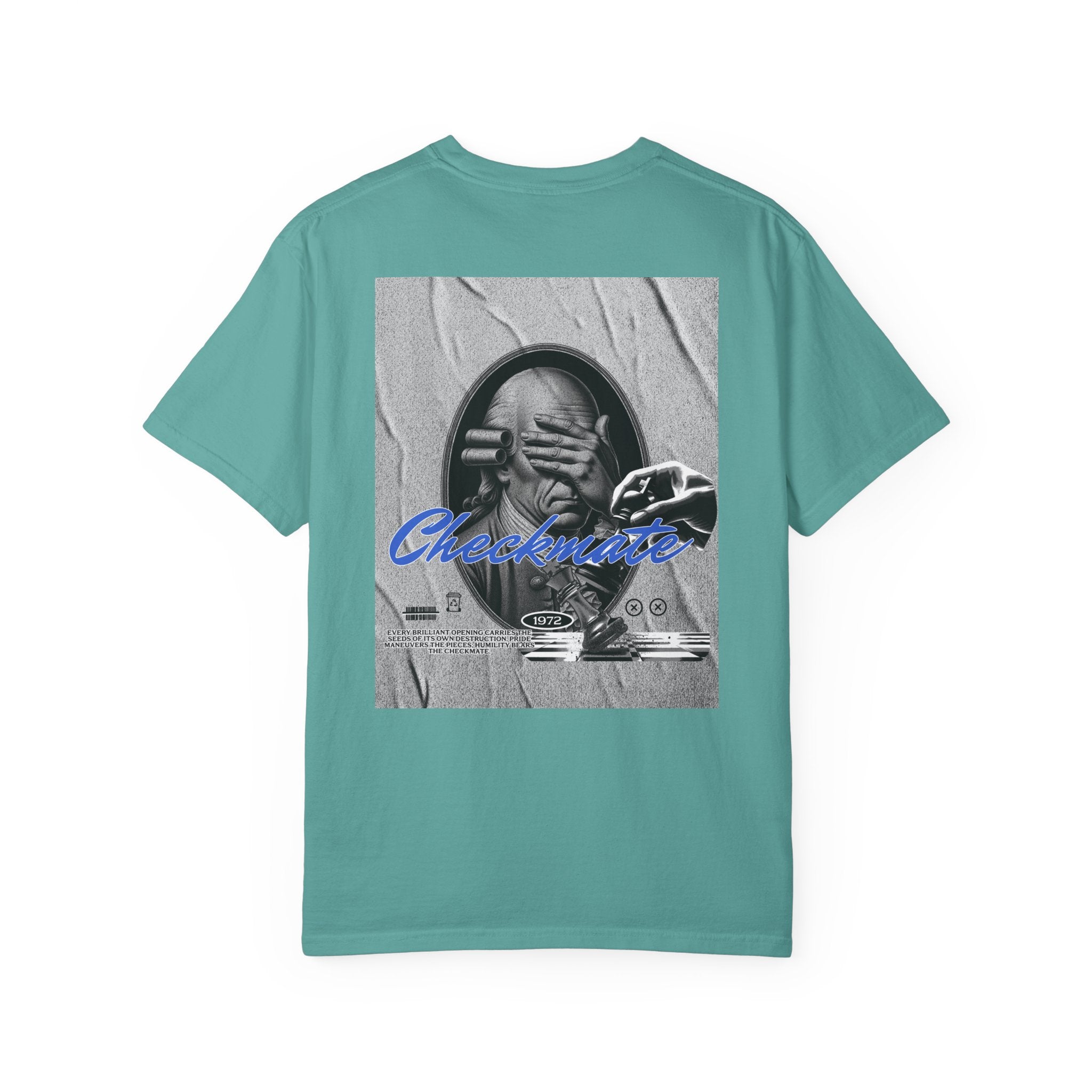 Checkmate Graphic T-Shirt — Retro Black & White Photo Tee with Blue Script