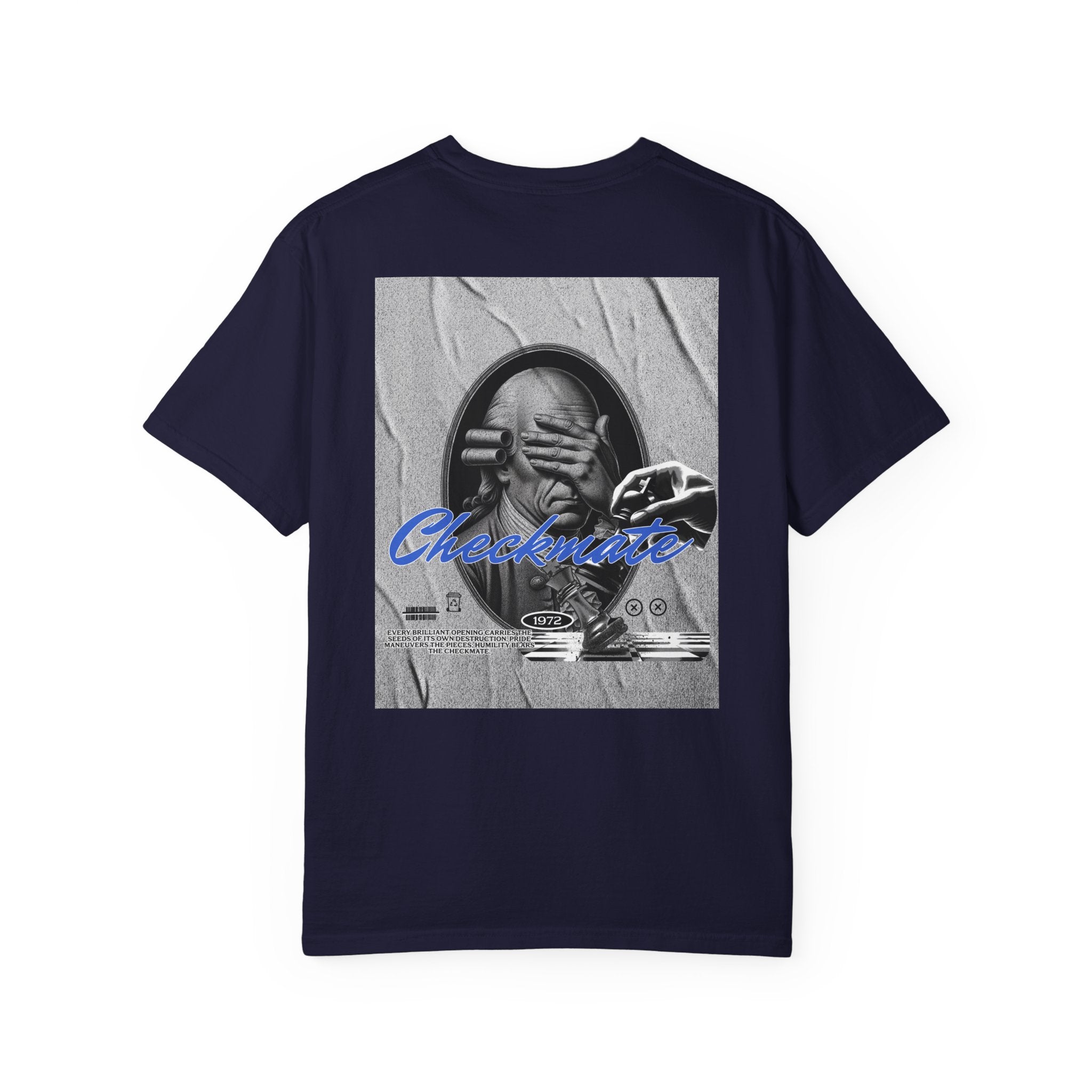 Checkmate Graphic T-Shirt — Retro Black & White Photo Tee with Blue Script