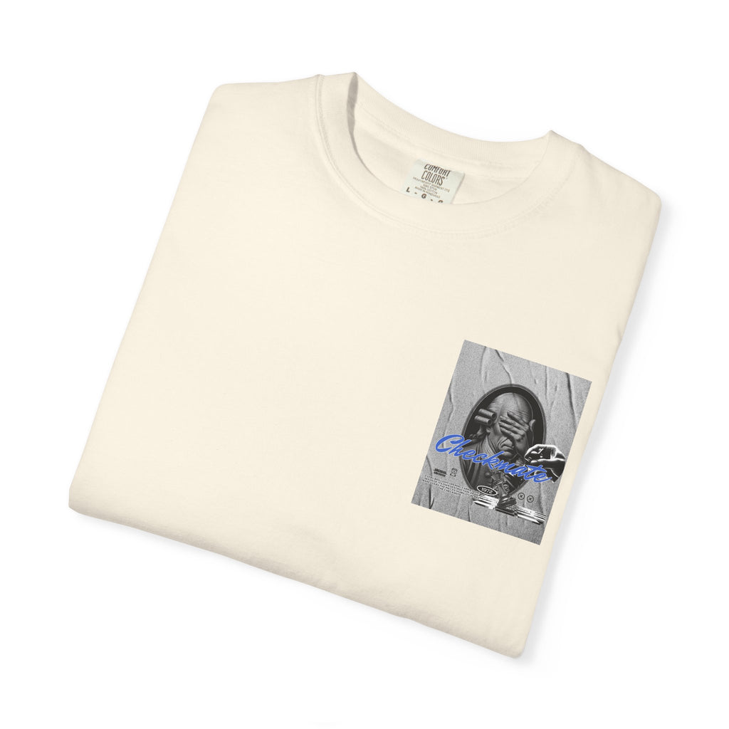 Checkmate Graphic T-Shirt — Retro Black & White Photo Tee with Blue Script