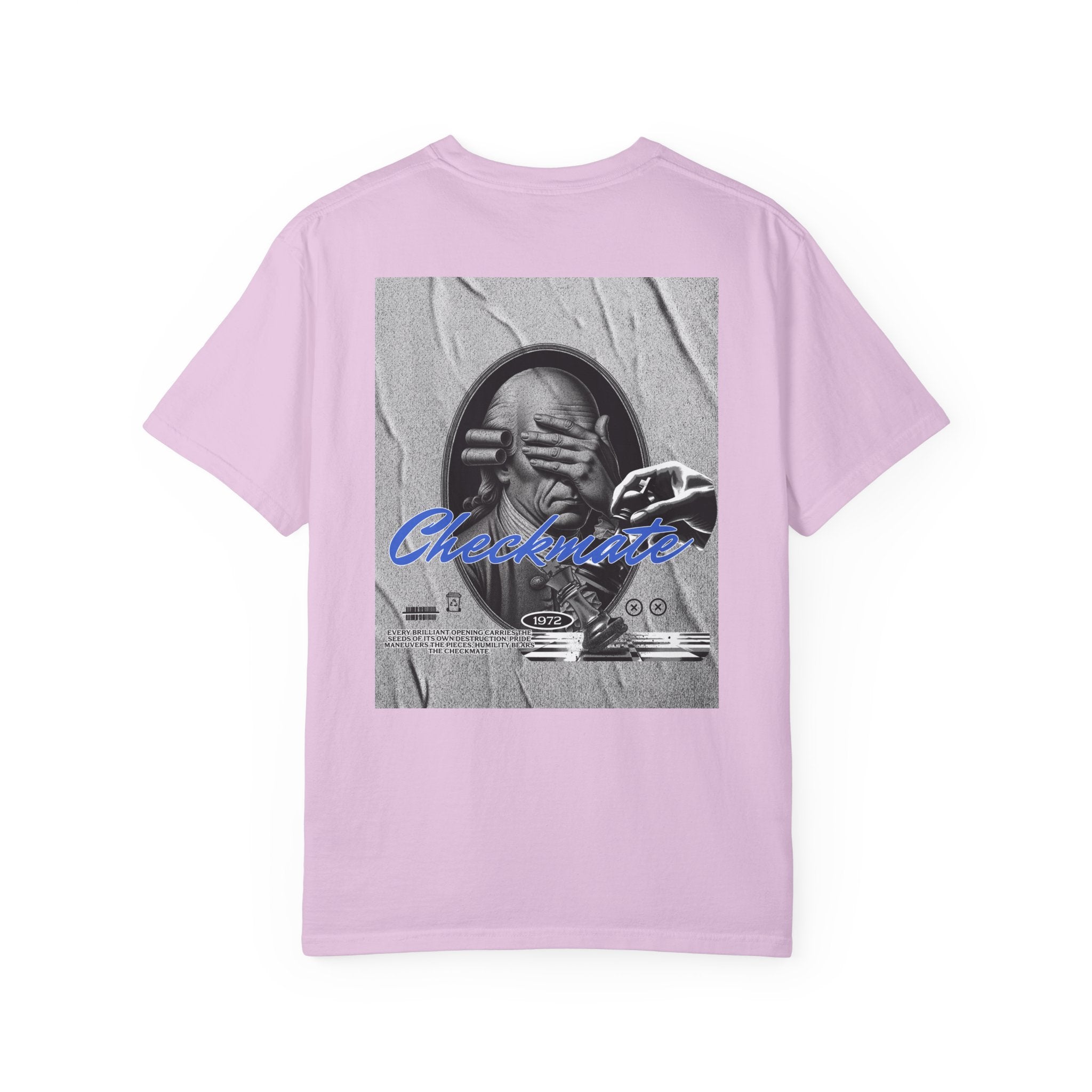 Checkmate Graphic T-Shirt — Retro Black & White Photo Tee with Blue Script