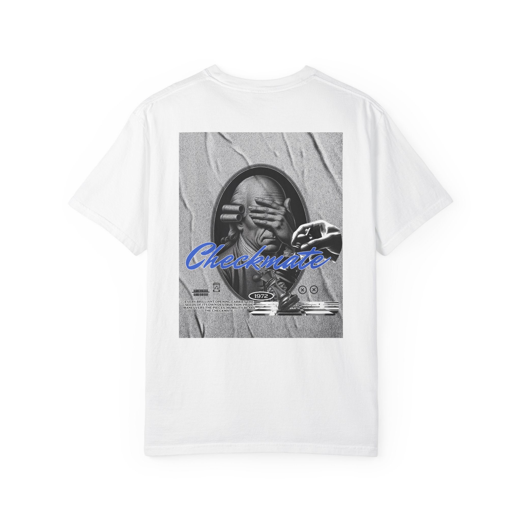 Checkmate Graphic T-Shirt — Retro Black & White Photo Tee with Blue Script
