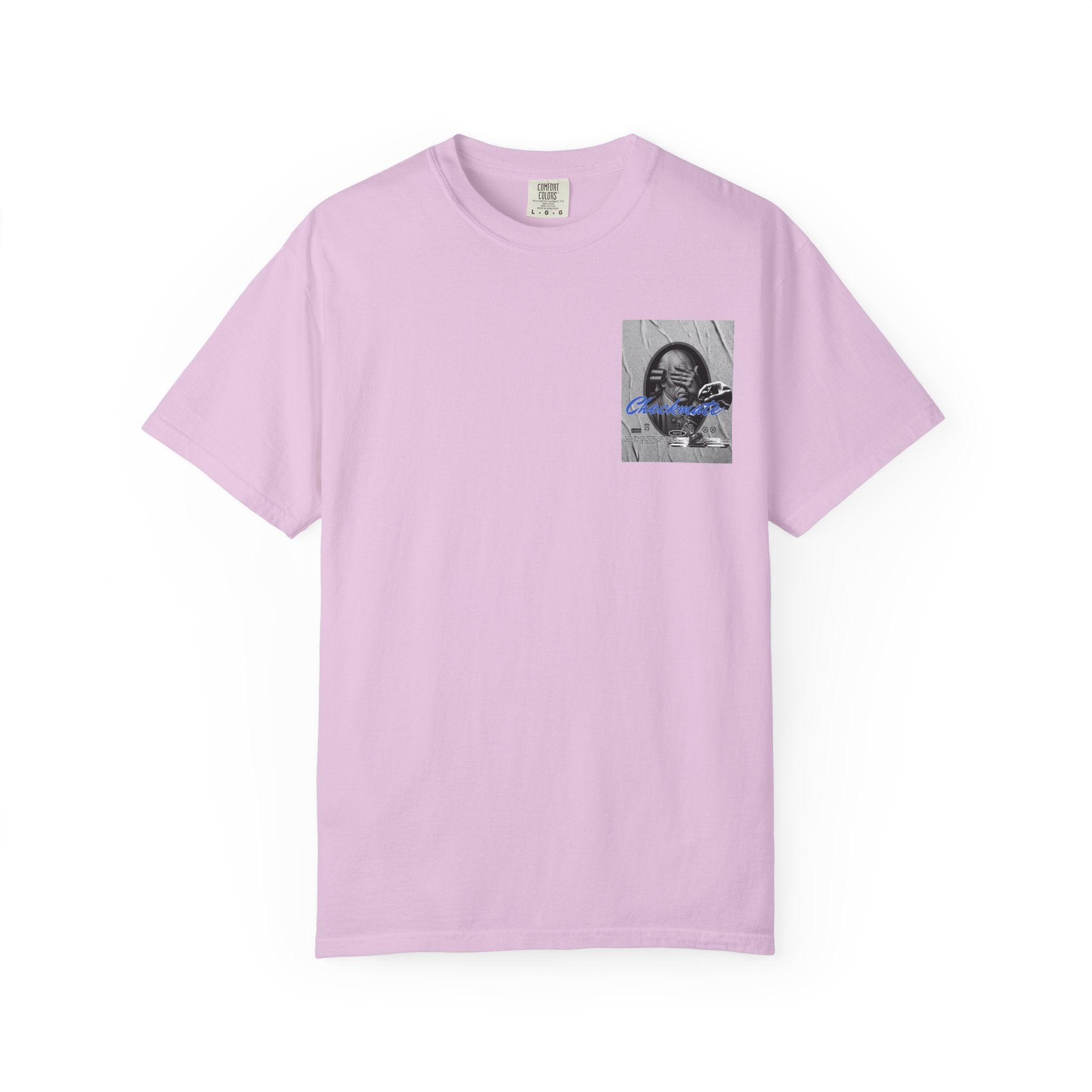 Checkmate Graphic T-Shirt — Retro Black & White Photo Tee with Blue Script