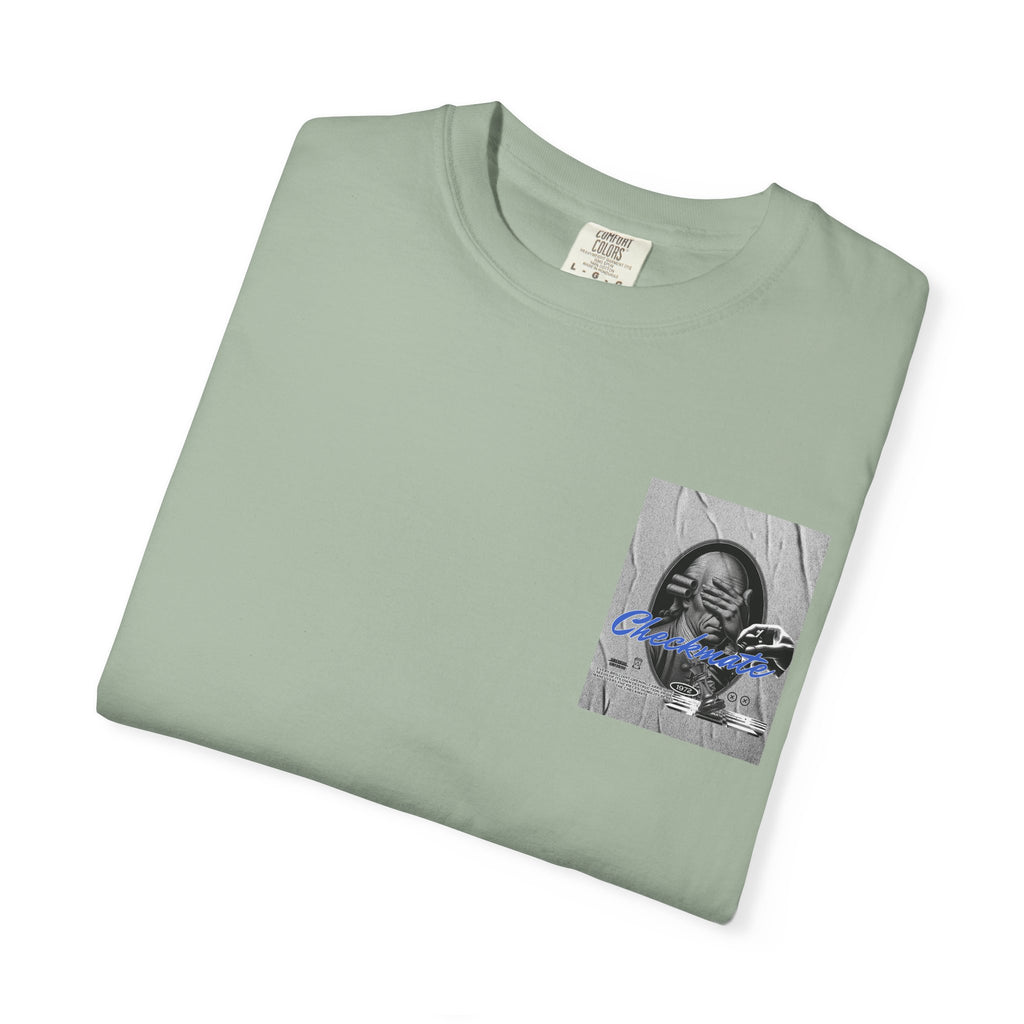 Checkmate Graphic T-Shirt — Retro Black & White Photo Tee with Blue Script