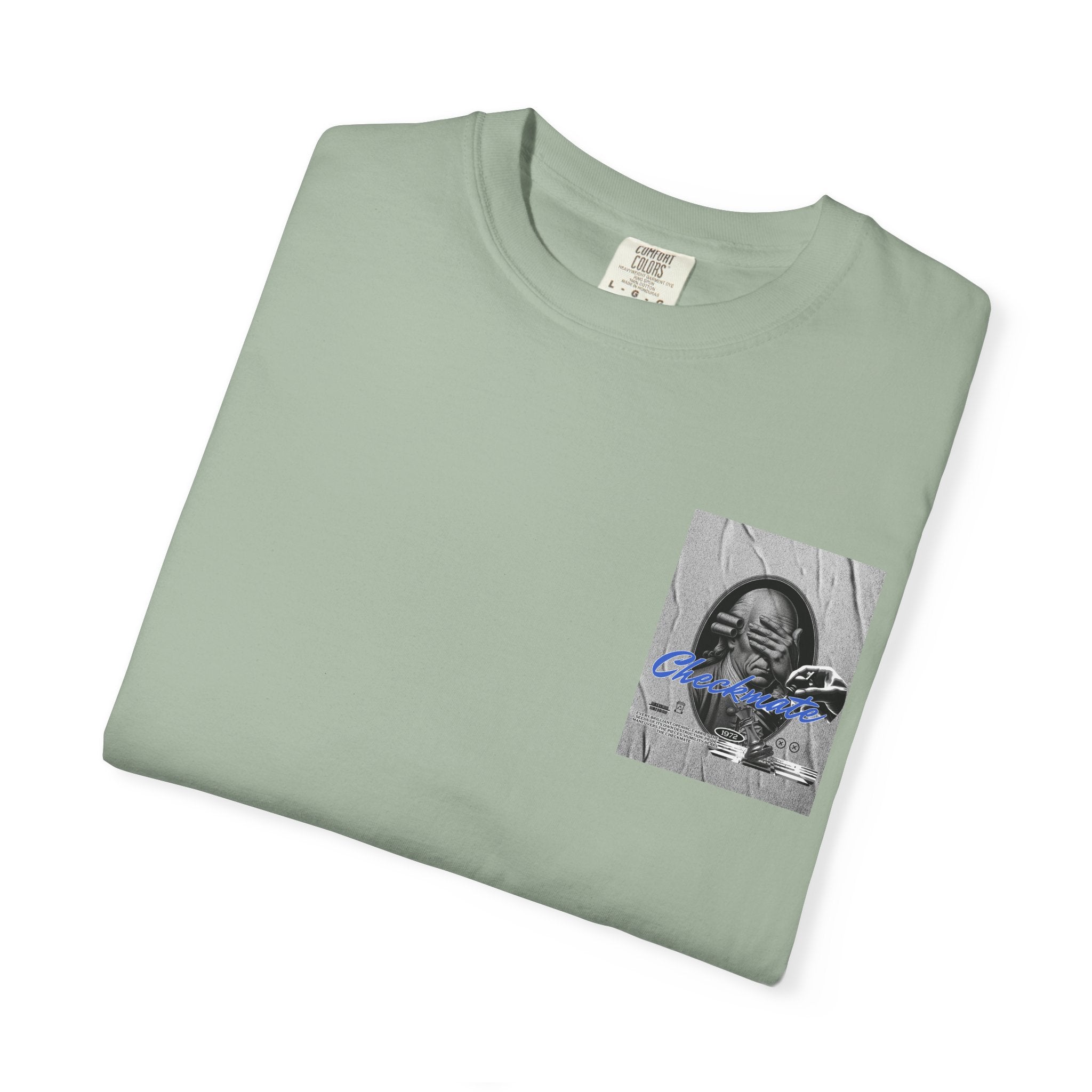 Checkmate Graphic T-Shirt — Retro Black & White Photo Tee with Blue Script