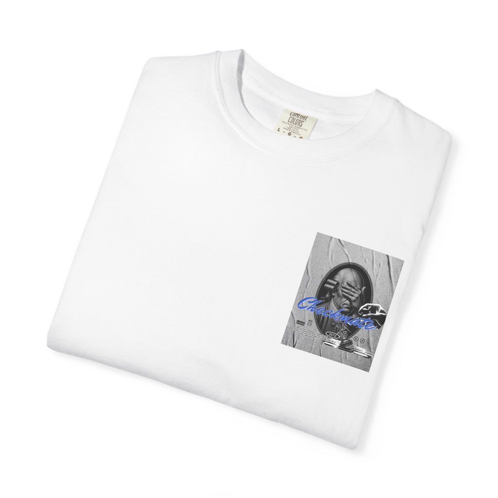 Checkmate Graphic T-Shirt — Retro Black & White Photo Tee with Blue Script
