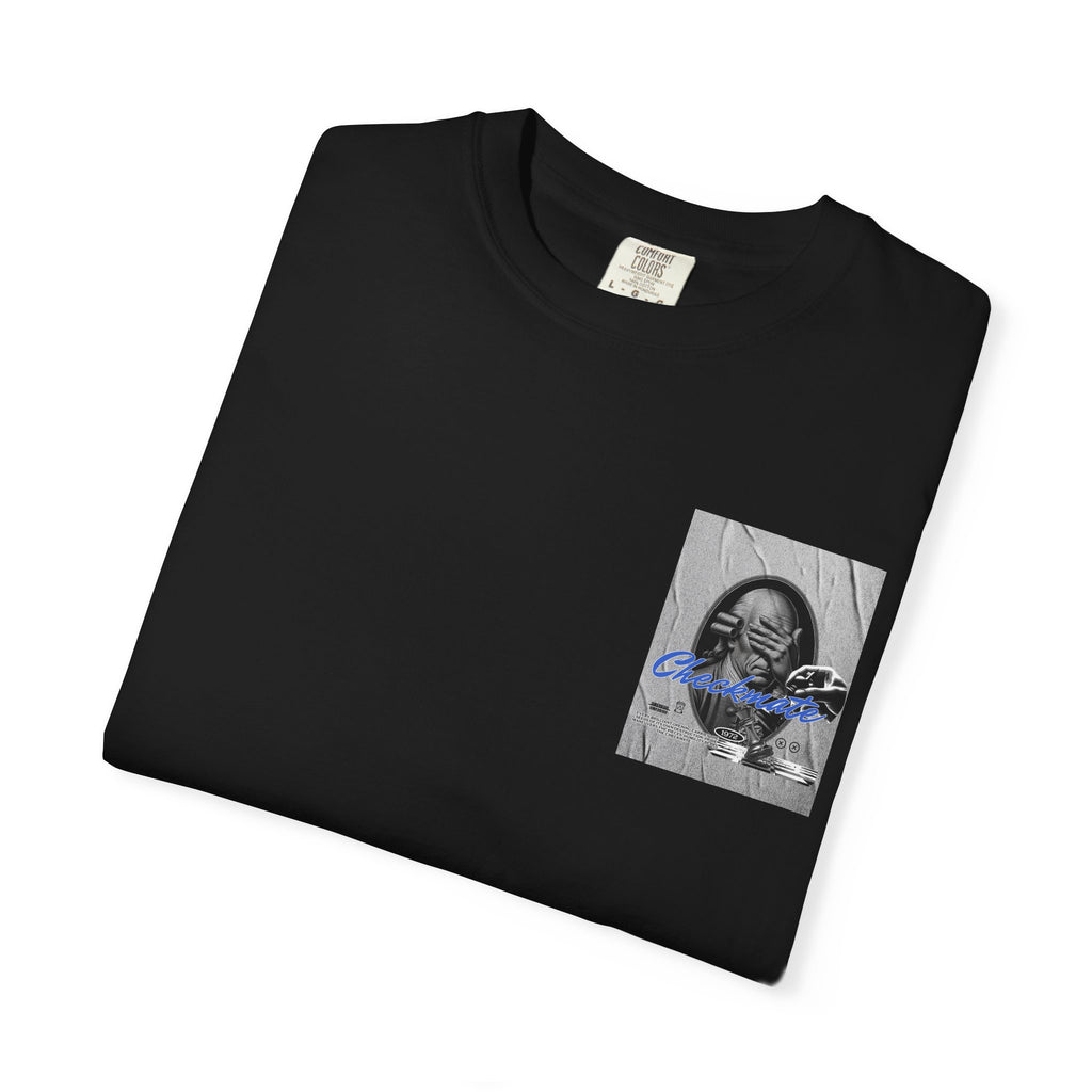 Checkmate Graphic T-Shirt — Retro Black & White Photo Tee with Blue Script
