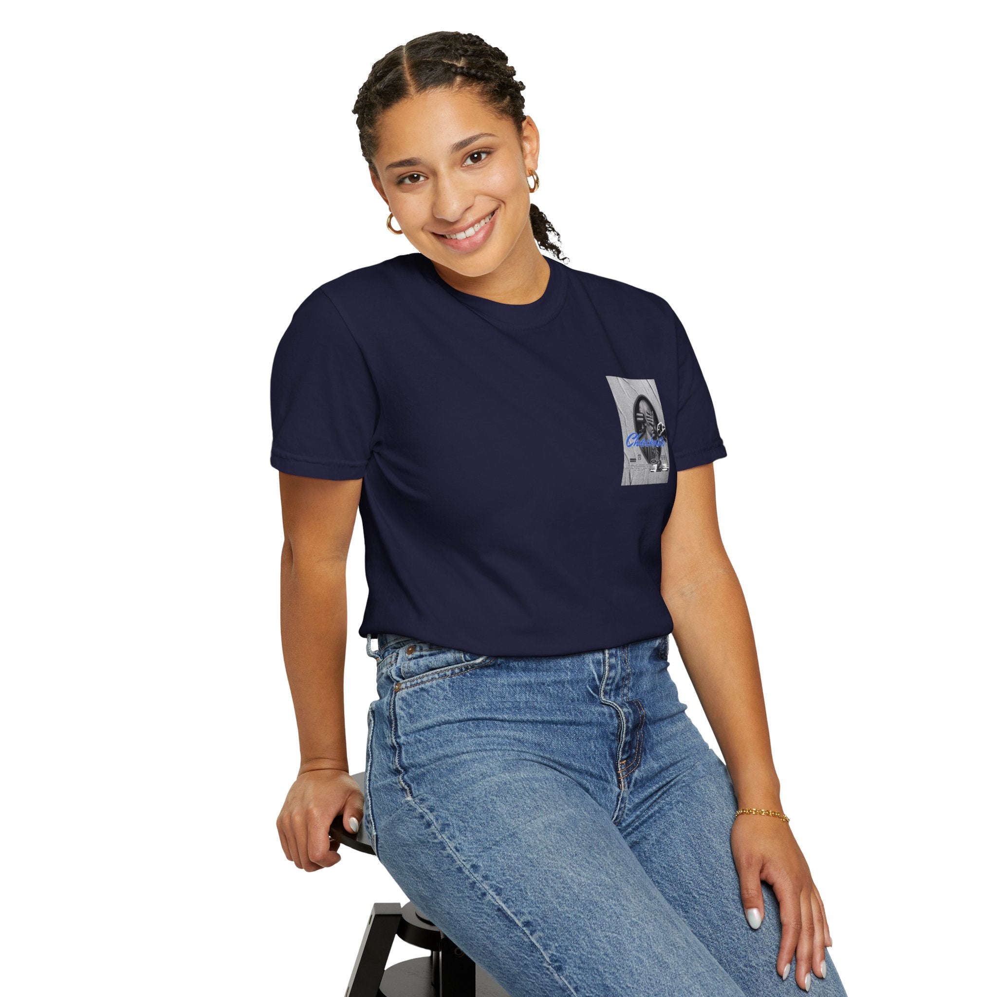 Checkmate Graphic T-Shirt — Retro Black & White Photo Tee with Blue Script