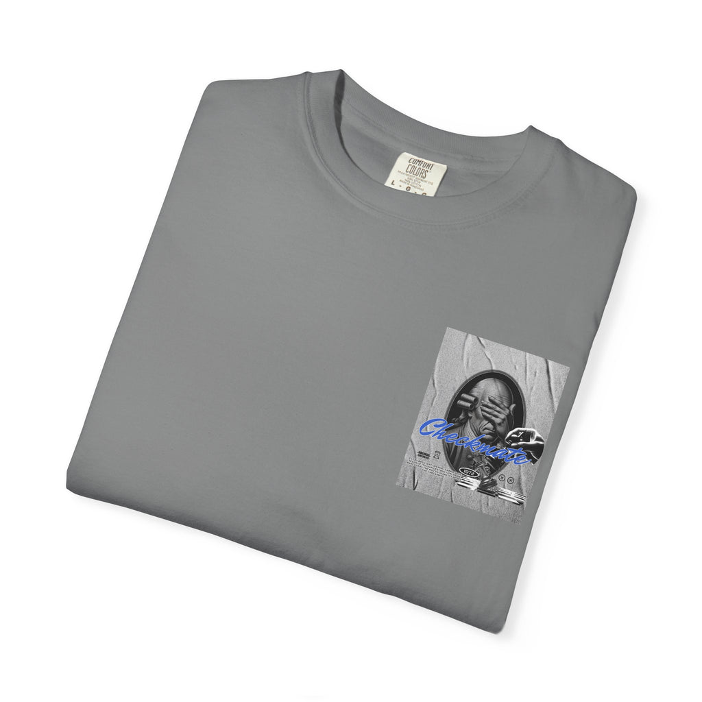 Checkmate Graphic T-Shirt — Retro Black & White Photo Tee with Blue Script