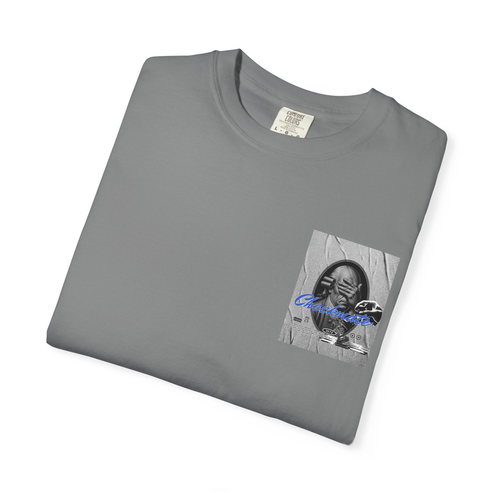 Checkmate Graphic T-Shirt — Retro Black & White Photo Tee with Blue Script