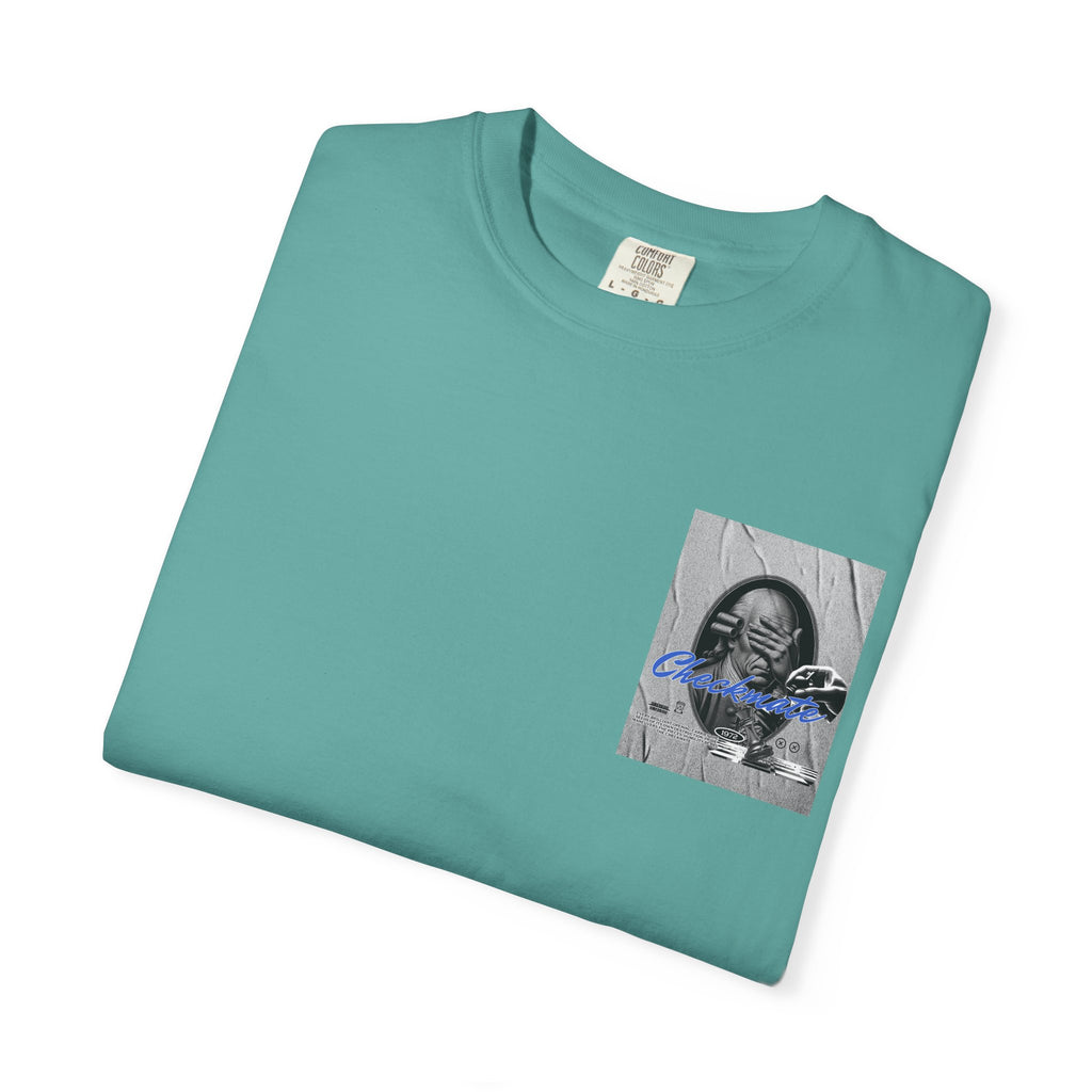 Checkmate Graphic T-Shirt — Retro Black & White Photo Tee with Blue Script