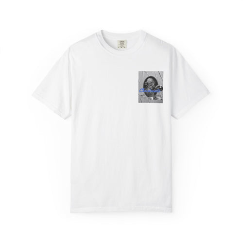 Checkmate Graphic T-Shirt — Retro Black & White Photo Tee with Blue Script