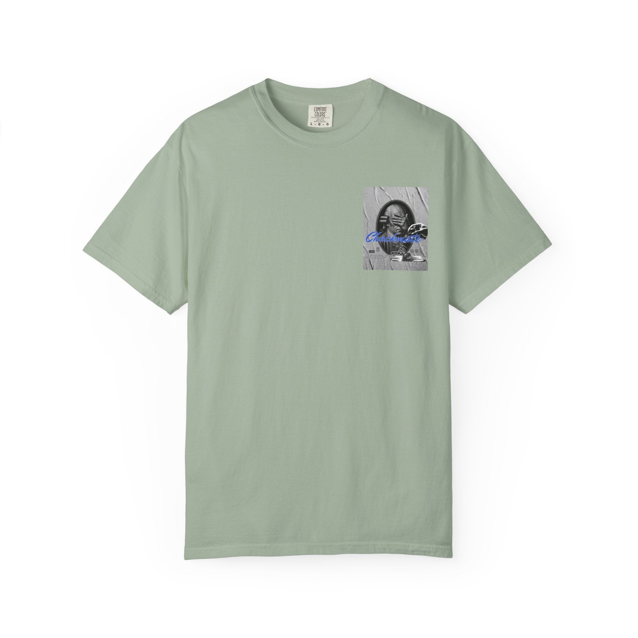Checkmate Graphic T-Shirt — Retro Black & White Photo Tee with Blue Script