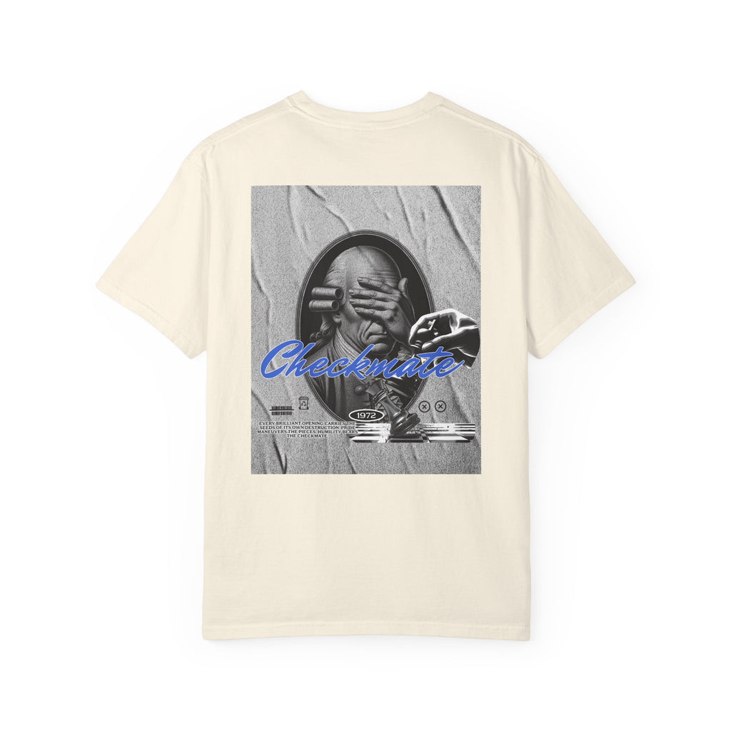 Checkmate Graphic T-Shirt — Retro Black & White Photo Tee with Blue Script
