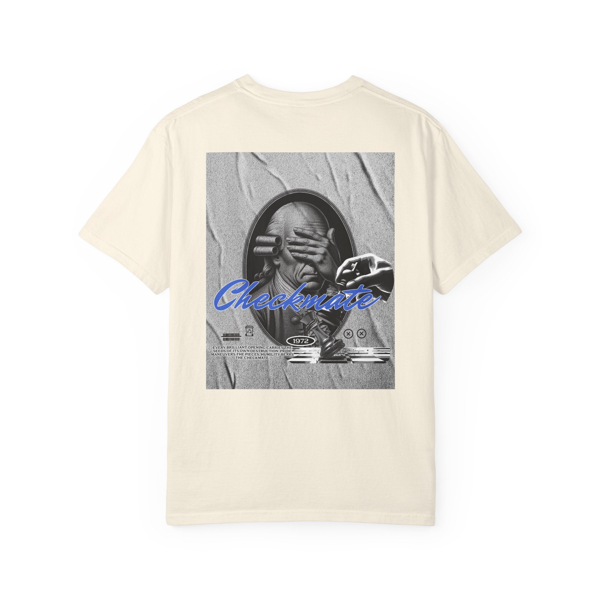 Checkmate Graphic T-Shirt — Retro Black & White Photo Tee with Blue Script