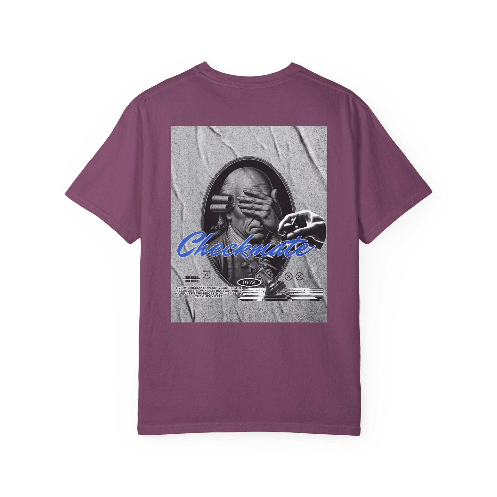 Checkmate Graphic T-Shirt — Retro Black & White Photo Tee with Blue Script