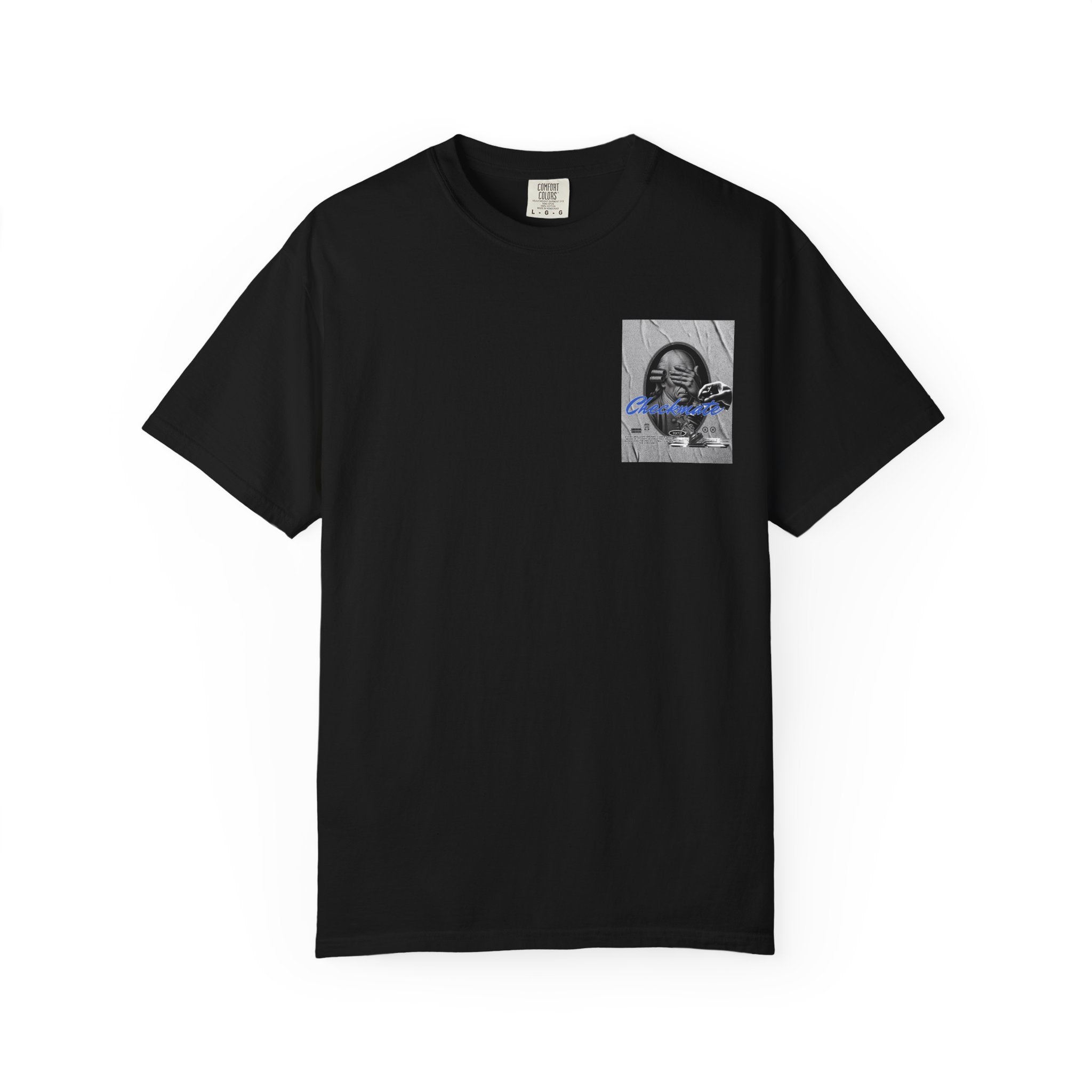 Checkmate Graphic T-Shirt — Retro Black & White Photo Tee with Blue Script