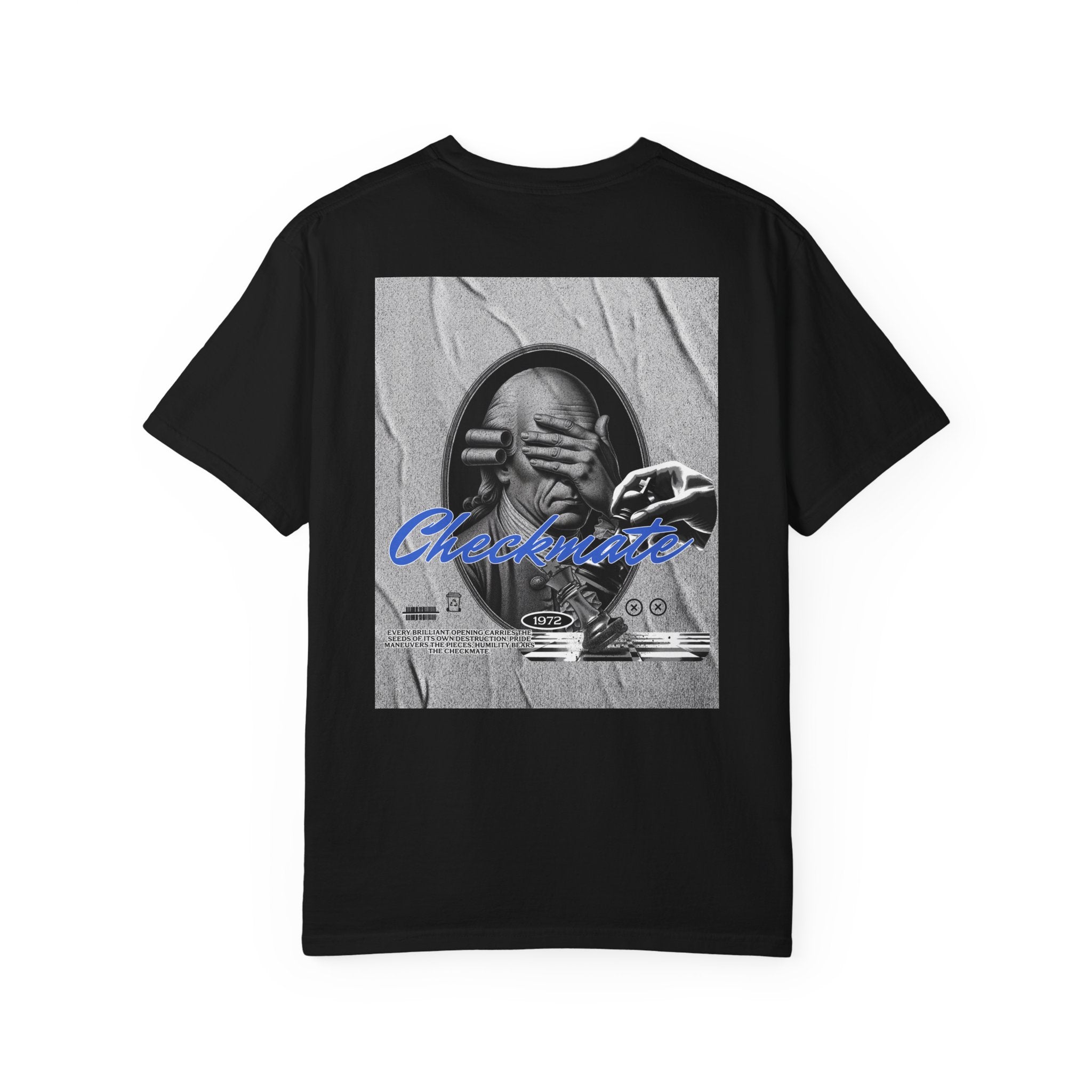 Checkmate Graphic T-Shirt — Retro Black & White Photo Tee with Blue Script