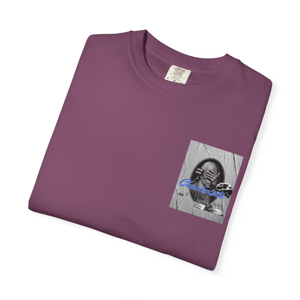 Checkmate Graphic T-Shirt — Retro Black & White Photo Tee with Blue Script