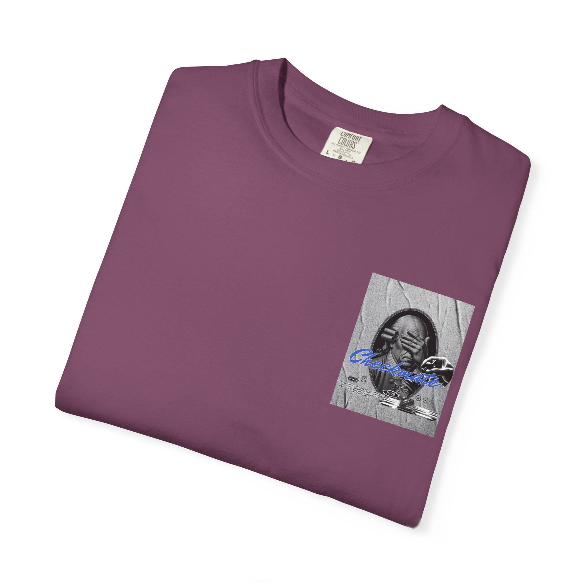 Checkmate Graphic T-Shirt — Retro Black & White Photo Tee with Blue Script