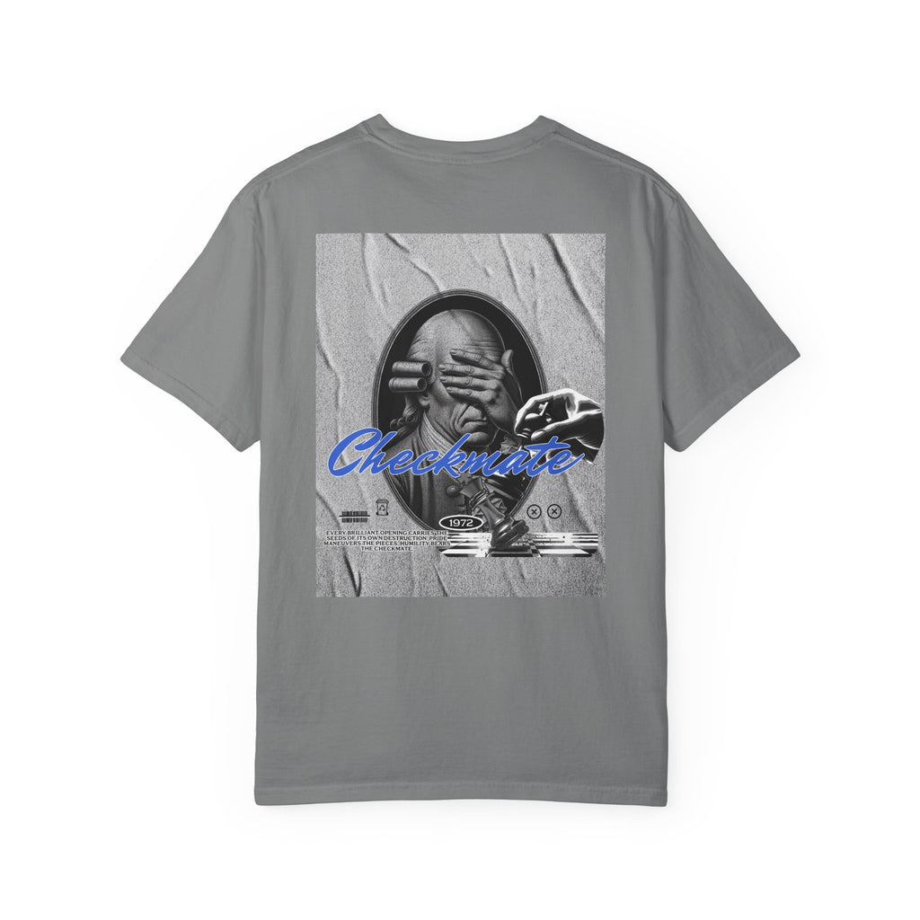 Checkmate Graphic T-Shirt — Retro Black & White Photo Tee with Blue Script