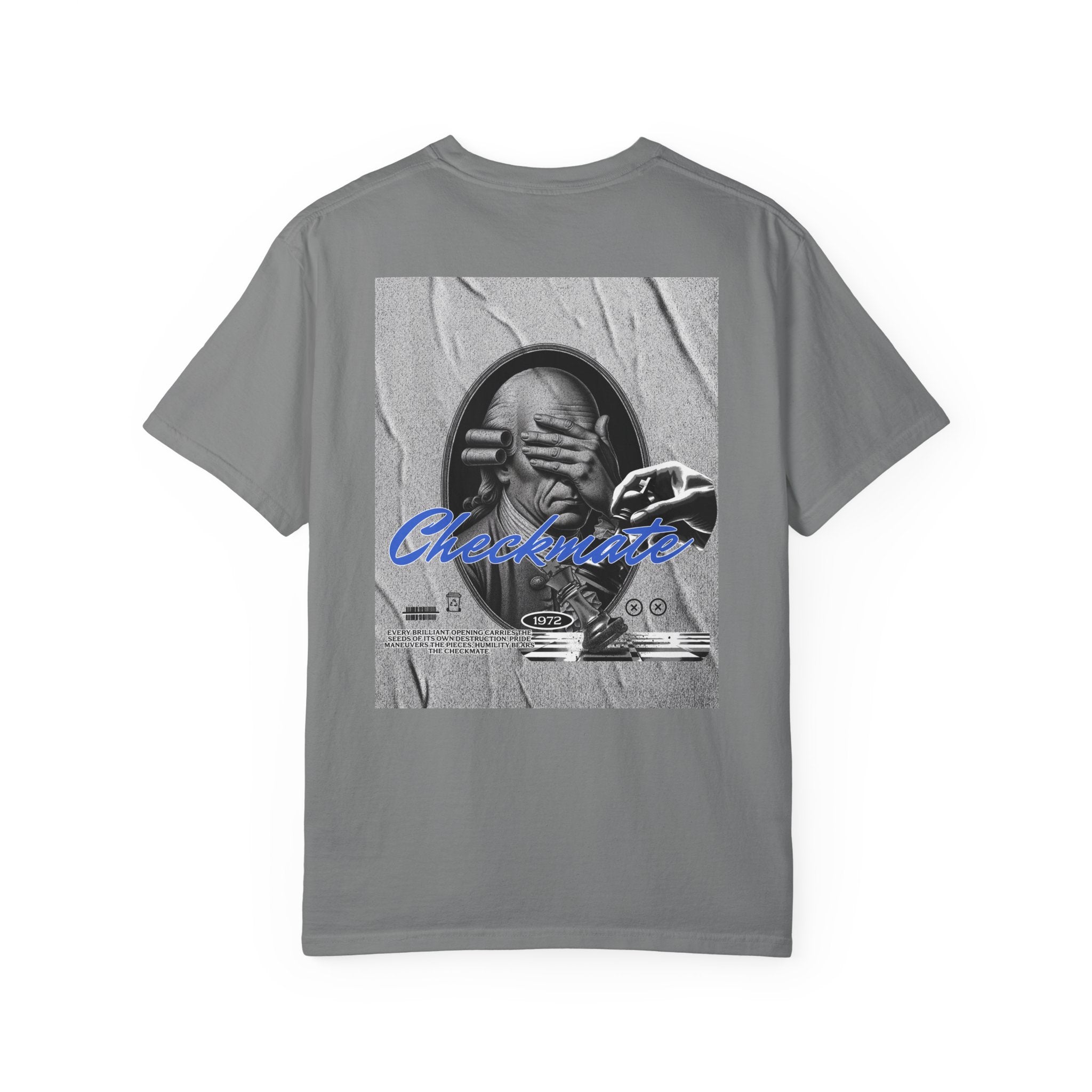 Checkmate Graphic T-Shirt — Retro Black & White Photo Tee with Blue Script