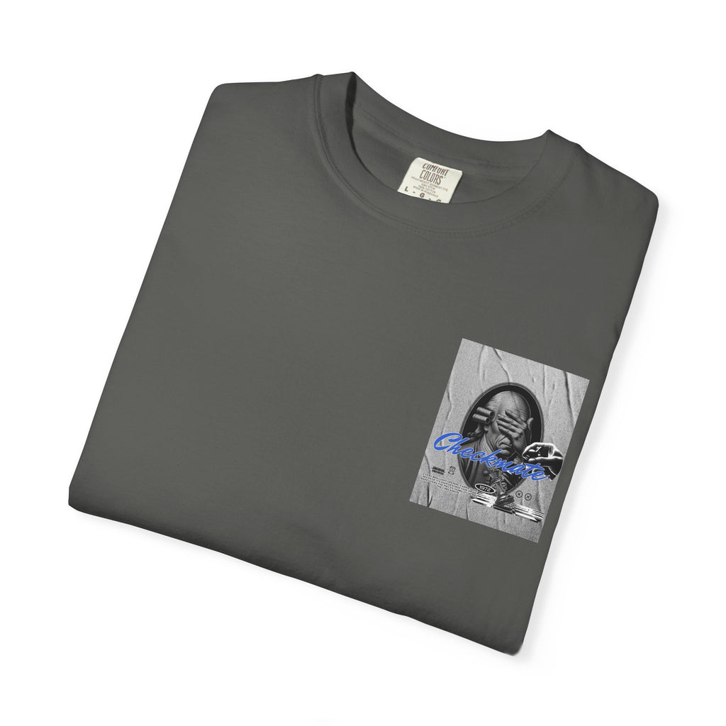 Checkmate Graphic T-Shirt — Retro Black & White Photo Tee with Blue Script