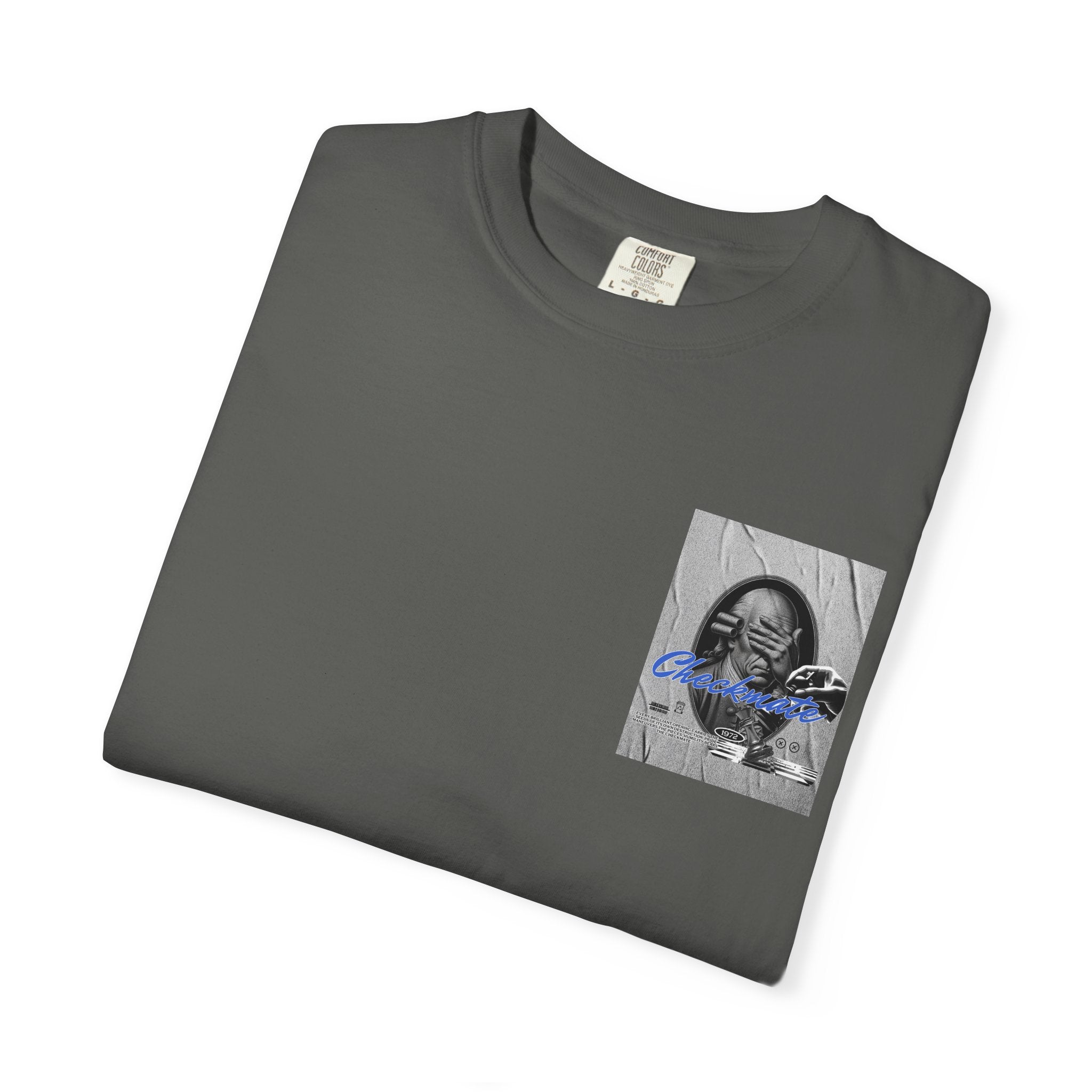 Checkmate Graphic T-Shirt — Retro Black & White Photo Tee with Blue Script