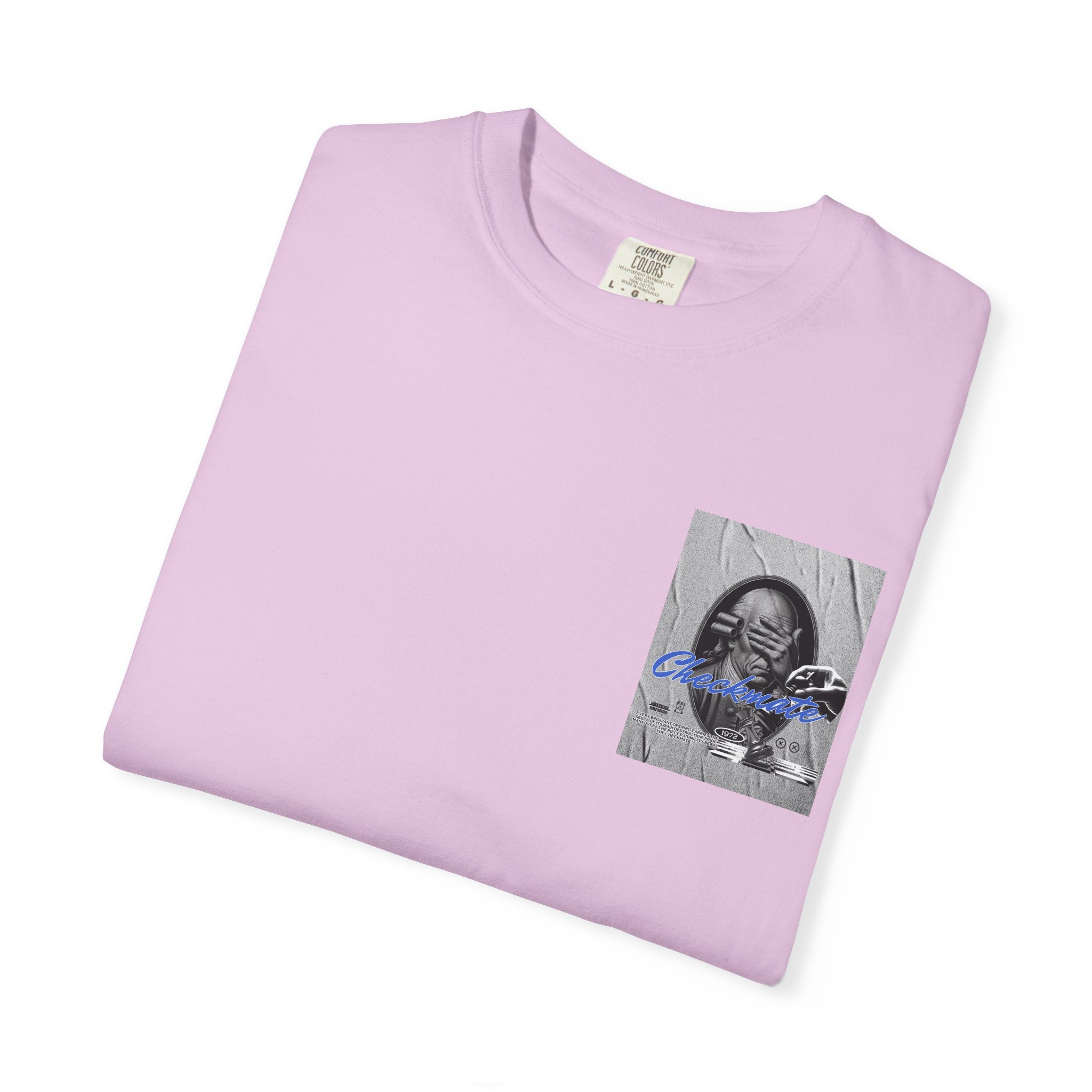 Checkmate Graphic T-Shirt — Retro Black & White Photo Tee with Blue Script