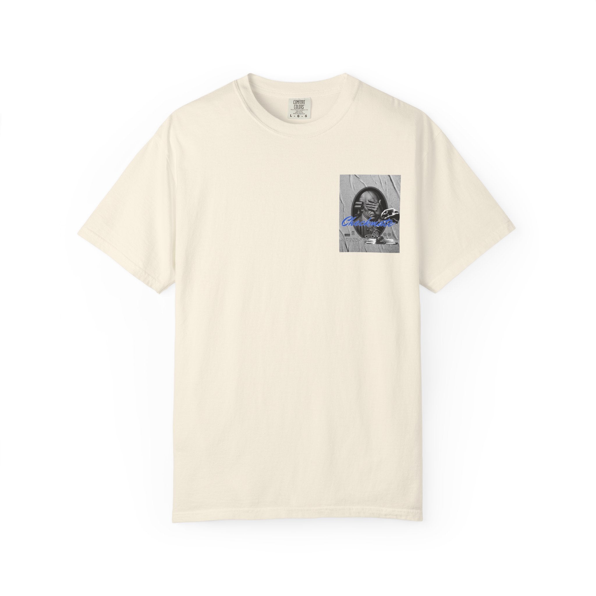 Checkmate Graphic T-Shirt — Retro Black & White Photo Tee with Blue Script