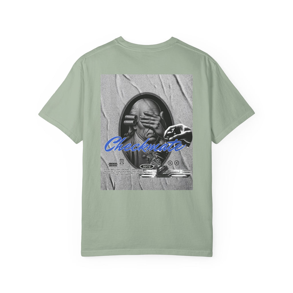 Checkmate Graphic T-Shirt — Retro Black & White Photo Tee with Blue Script