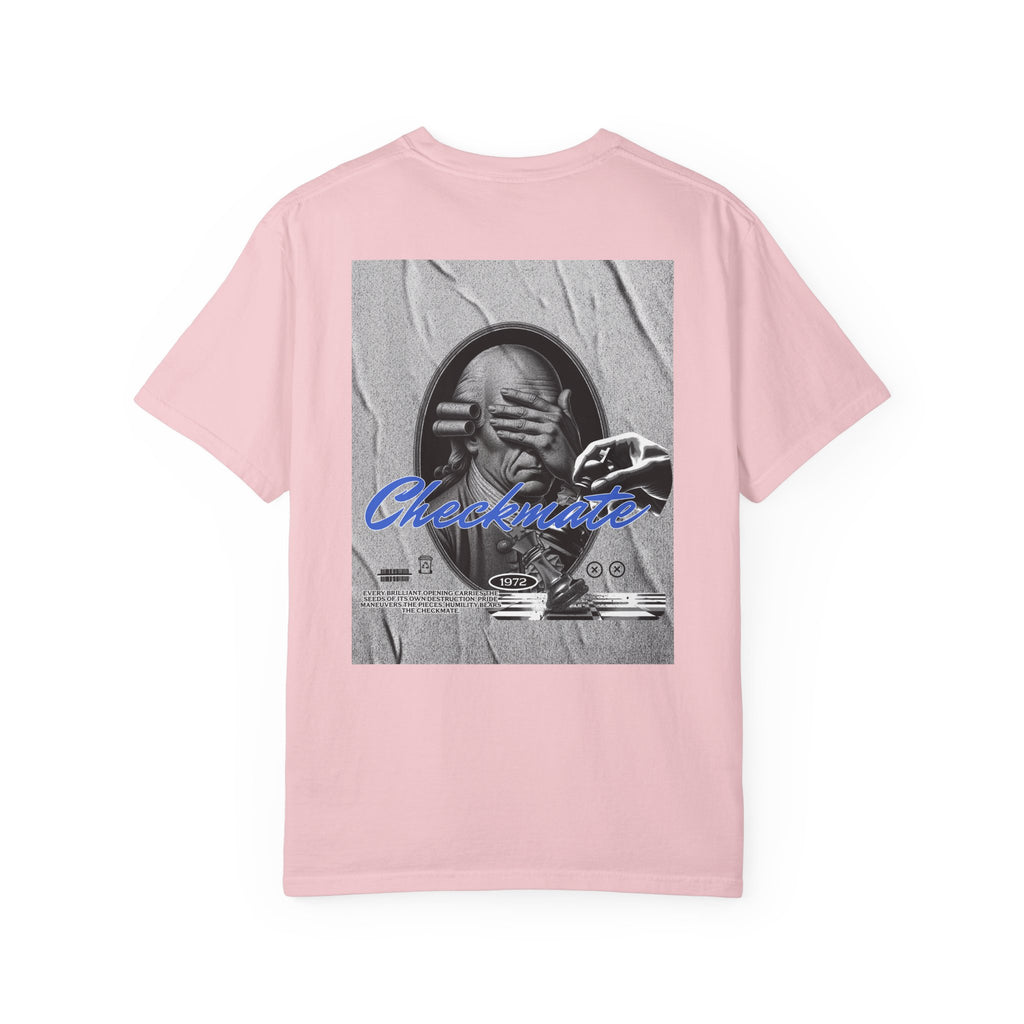 Checkmate Graphic T-Shirt — Retro Black & White Photo Tee with Blue Script