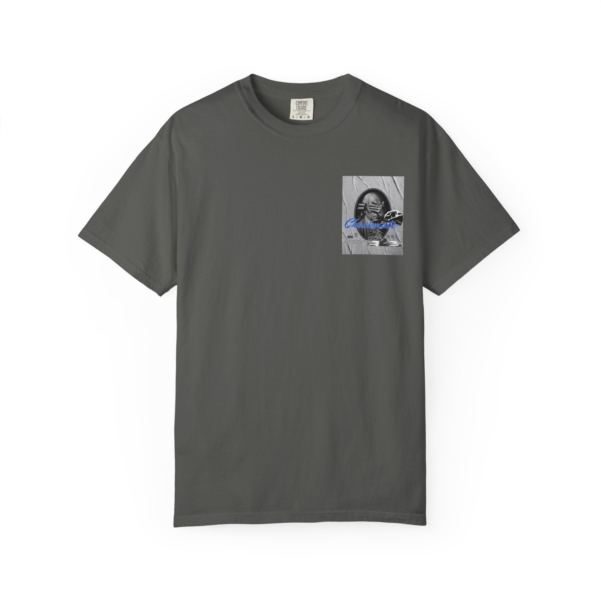 Checkmate Graphic T-Shirt — Retro Black & White Photo Tee with Blue Script